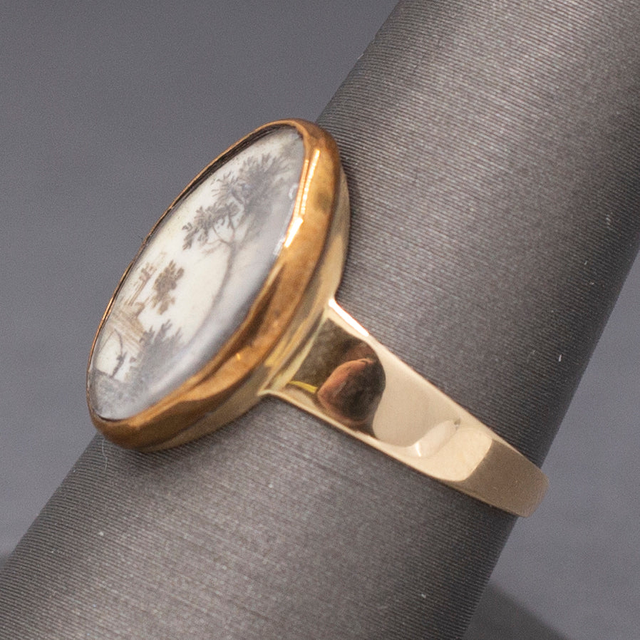 Antique Ring with Georgian Sepia Landscape Bezel Set in 9k and 14k Gold