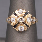 Antique Edwardian Old European Cut Diamond Cluster Enamel Ring in 14k Yellow Gold
