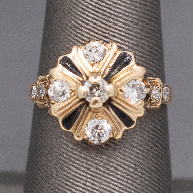 Antique Edwardian Old European Cut Diamond Cluster Enamel Ring in 14k Yellow Gold