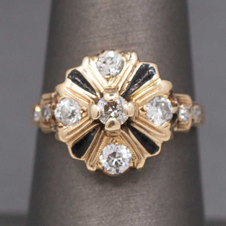 Antique Edwardian Old European Cut Diamond Cluster Enamel Ring in 14k Yellow Gold