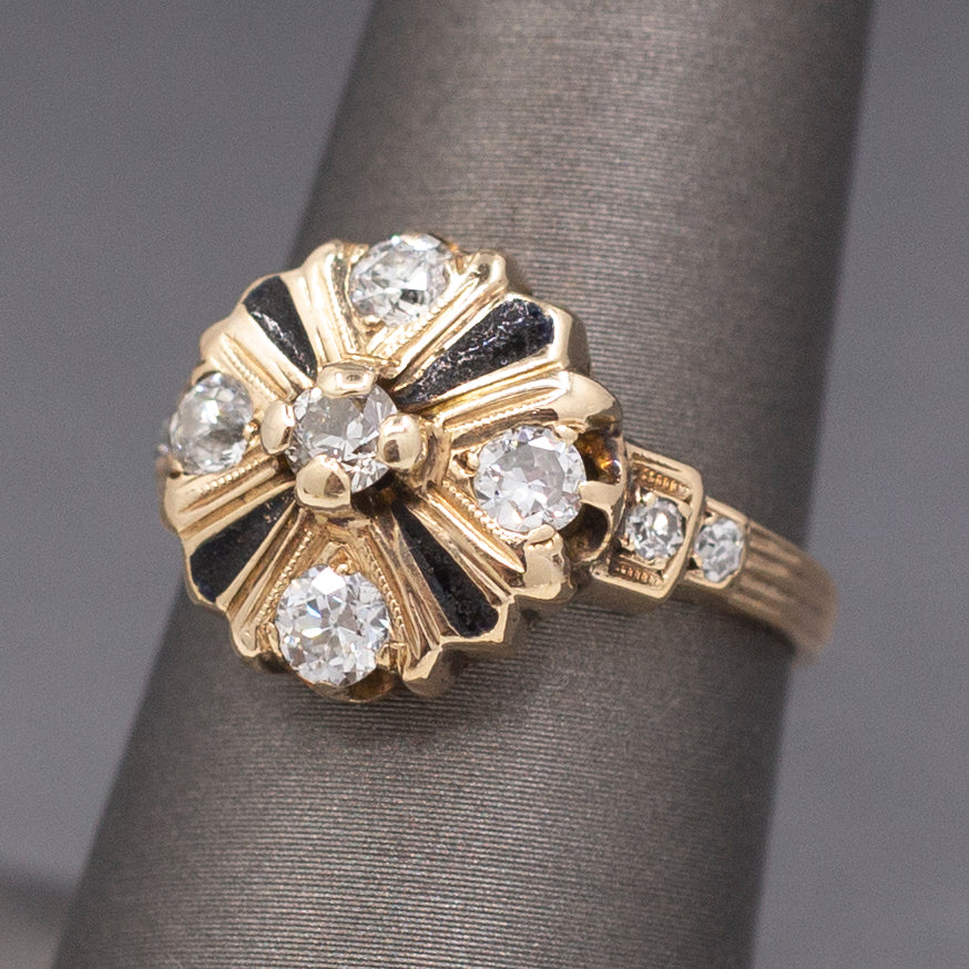 Antique Edwardian Old European Cut Diamond Cluster Enamel Ring in 14k Yellow Gold