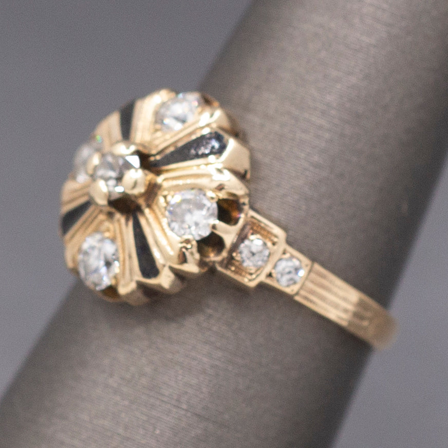 Antique Edwardian Old European Cut Diamond Cluster Enamel Ring in 14k Yellow Gold