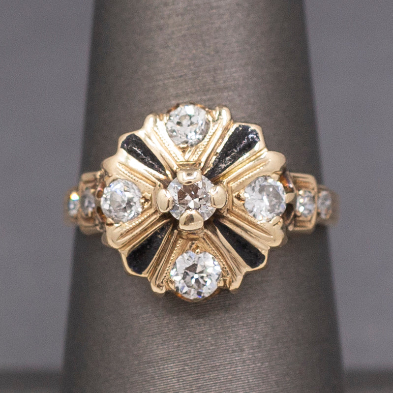 Antique Edwardian Old European Cut Diamond Cluster Enamel Ring in 14k Yellow Gold