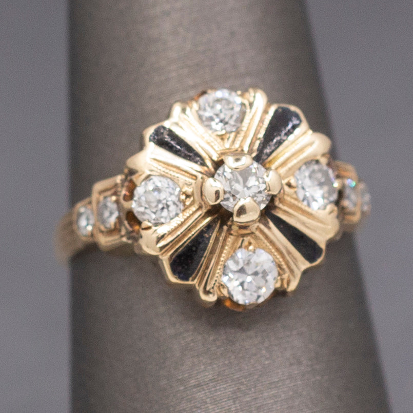 Antique Edwardian Old European Cut Diamond Cluster Enamel Ring in 14k Yellow Gold