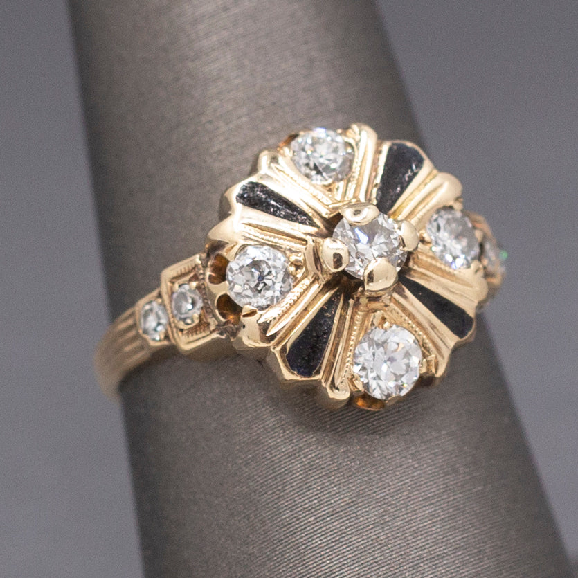 Antique Edwardian Old European Cut Diamond Cluster Enamel Ring in 14k Yellow Gold