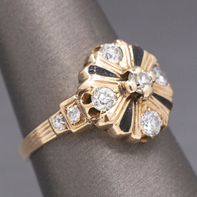 Antique Edwardian Old European Cut Diamond Cluster Enamel Ring in 14k Yellow Gold