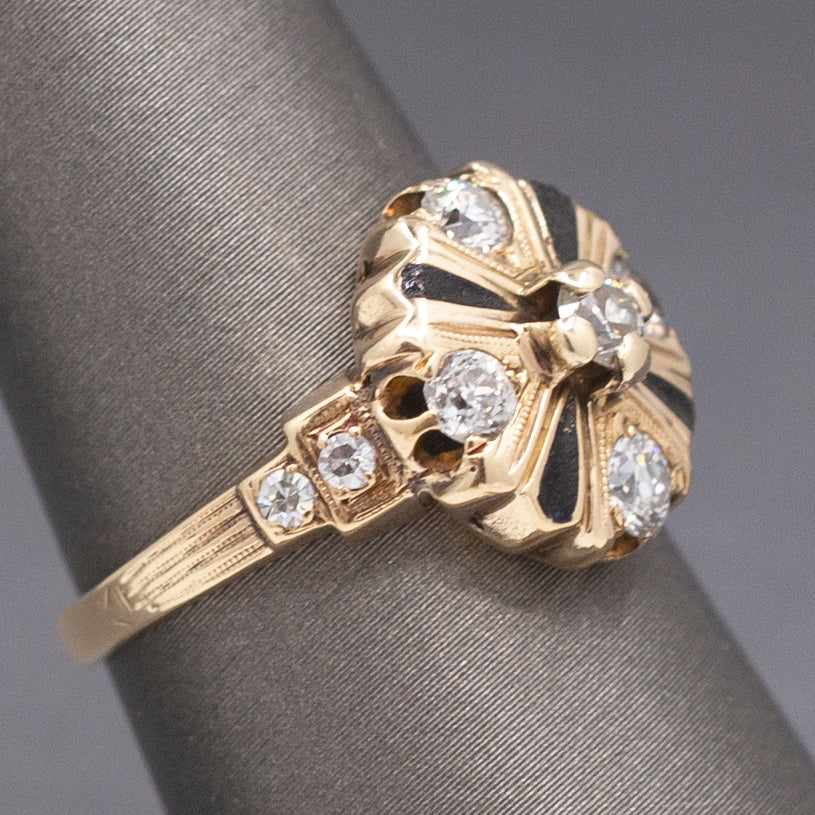 Antique Edwardian Old European Cut Diamond Cluster Enamel Ring in 14k Yellow Gold