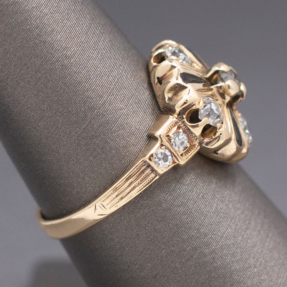 Antique Edwardian Old European Cut Diamond Cluster Enamel Ring in 14k Yellow Gold