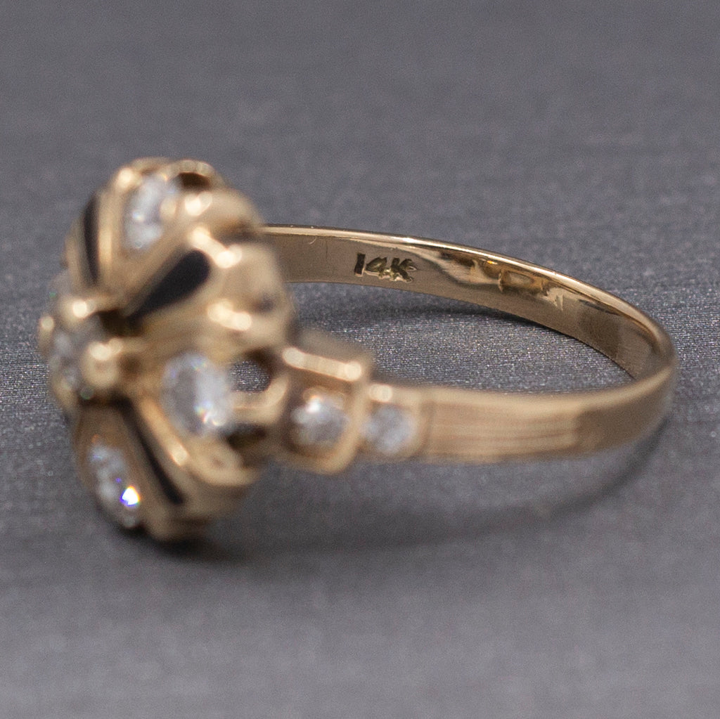 Antique Edwardian Old European Cut Diamond Cluster Enamel Ring in 14k Yellow Gold