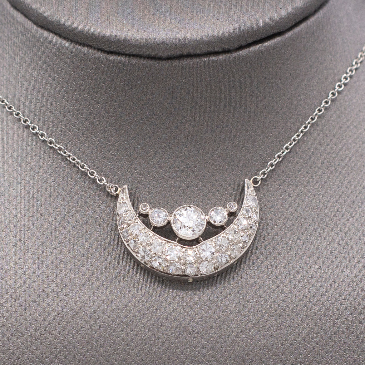 Stunning Art Deco Old European Cut Diamond Crescent Moon Necklace in Platinum