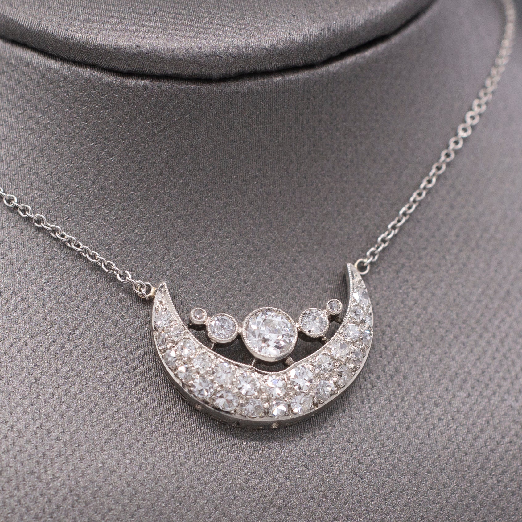 Stunning Art Deco Old European Cut Diamond Crescent Moon Necklace in Platinum
