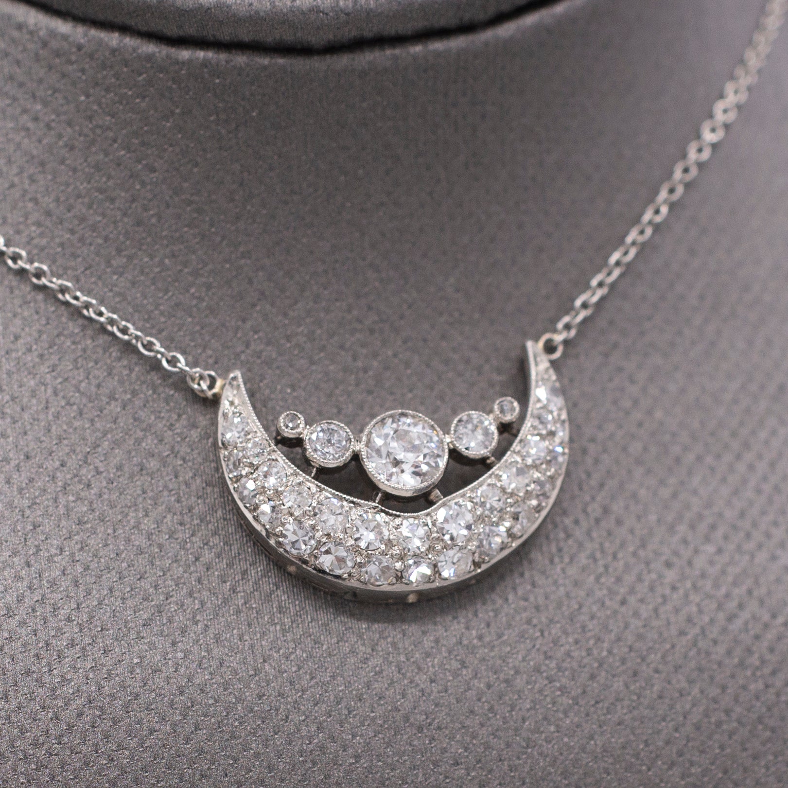 Stunning Art Deco Old European Cut Diamond Crescent Moon Necklace in Platinum