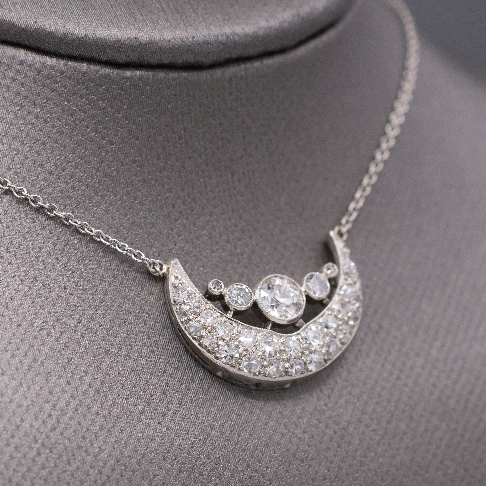 Stunning Art Deco Old European Cut Diamond Crescent Moon Necklace in Platinum