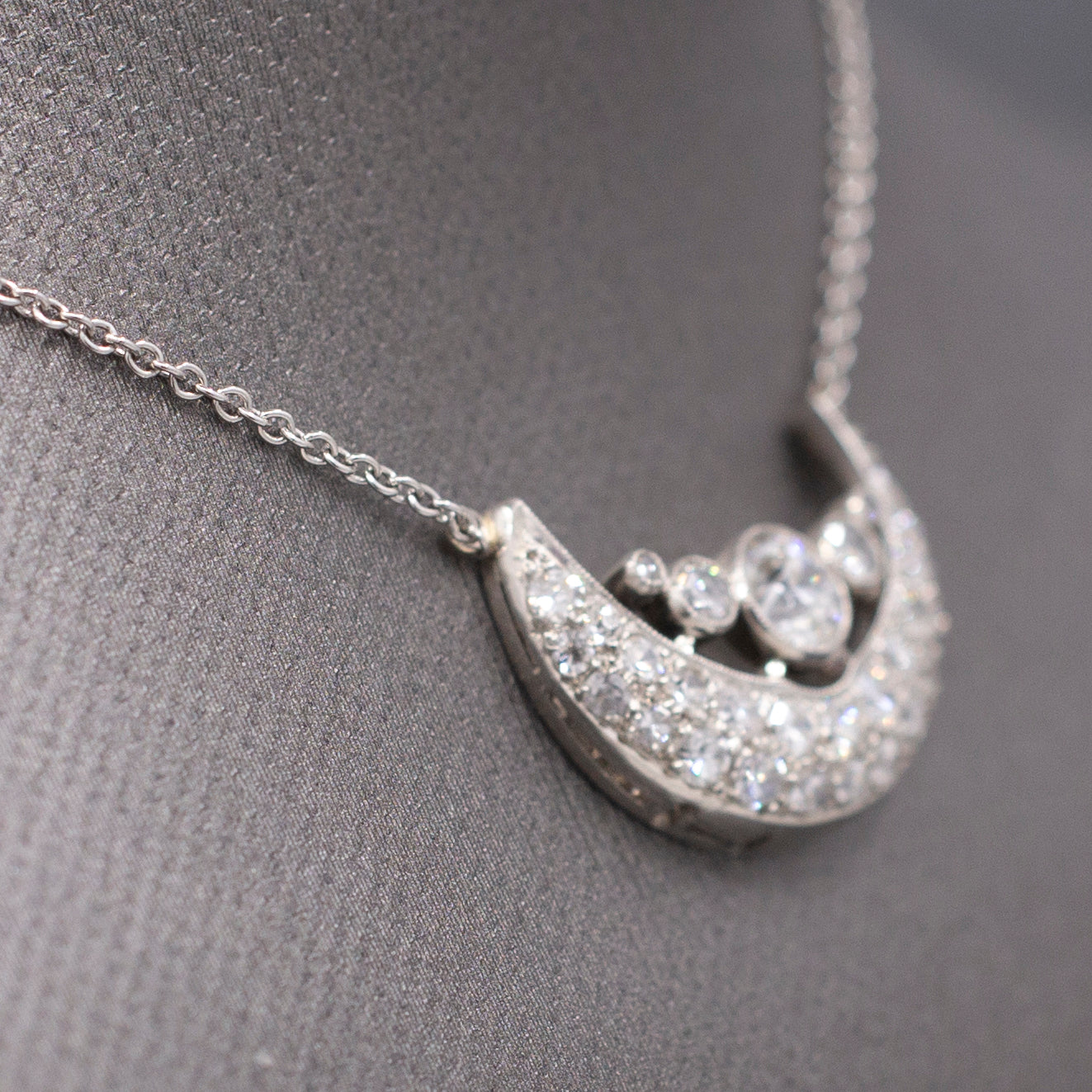 Stunning Art Deco Old European Cut Diamond Crescent Moon Necklace in Platinum