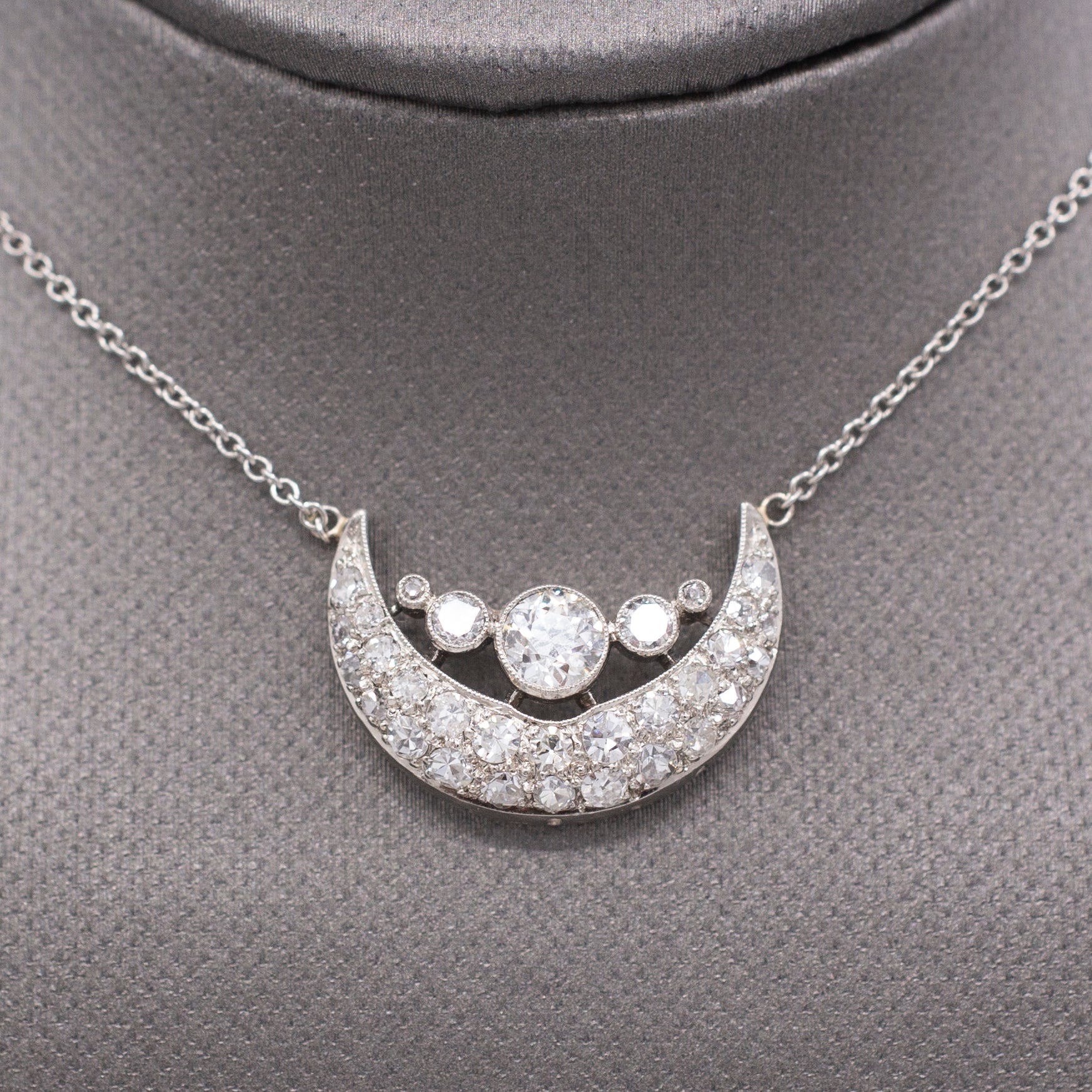 Stunning Art Deco Old European Cut Diamond Crescent Moon Necklace in Platinum
