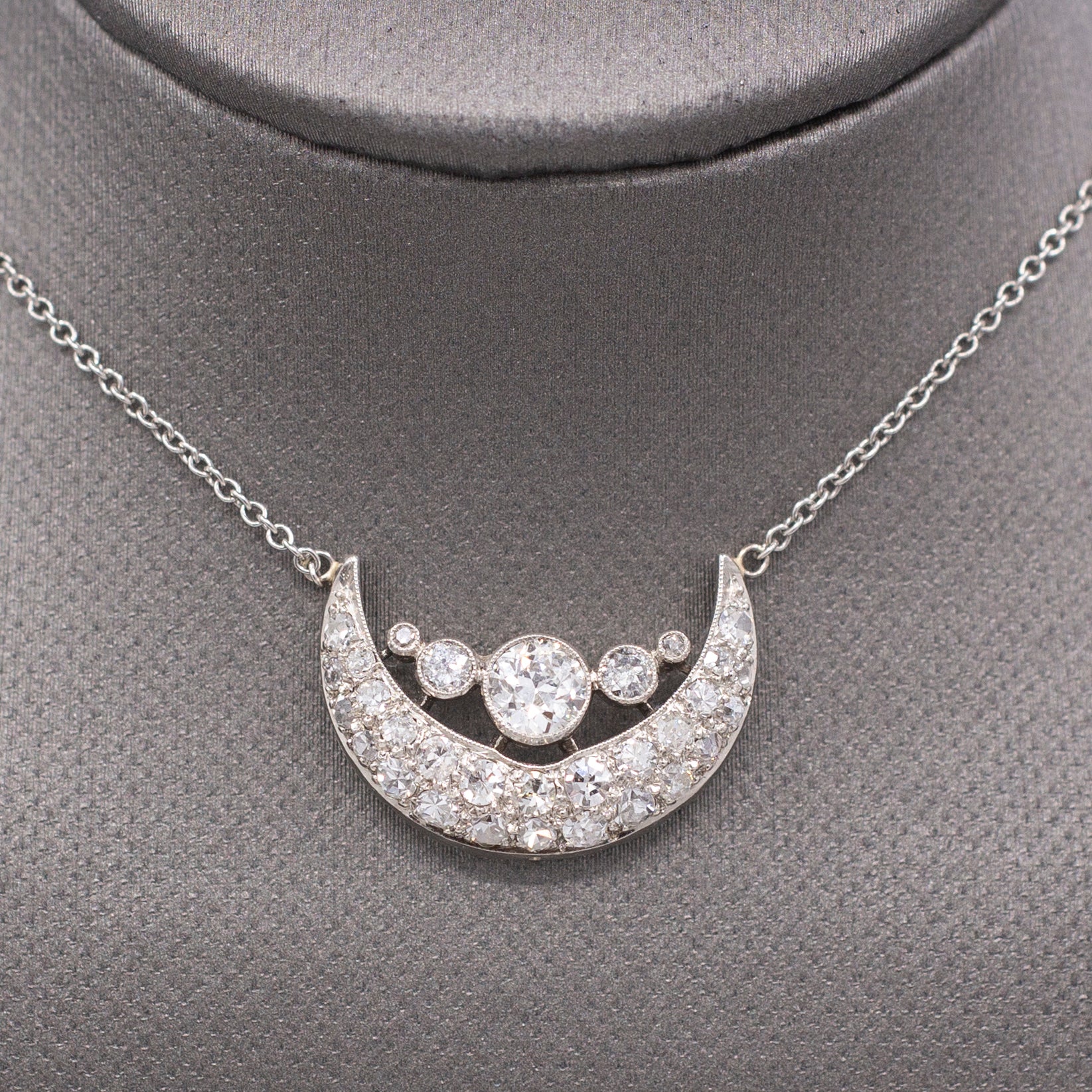Stunning Art Deco Old European Cut Diamond Crescent Moon Necklace in Platinum