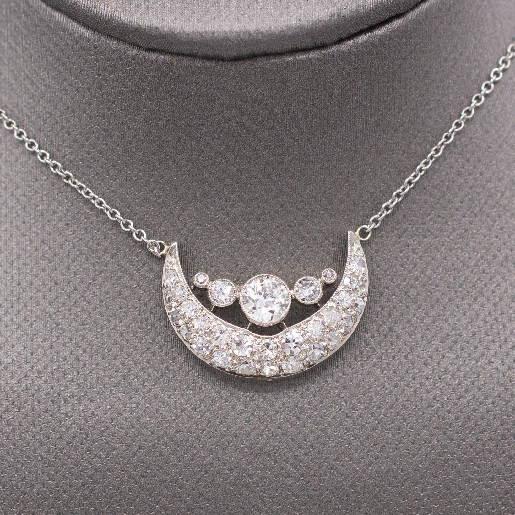 Stunning Art Deco Old European Cut Diamond Crescent Moon Necklace in Platinum