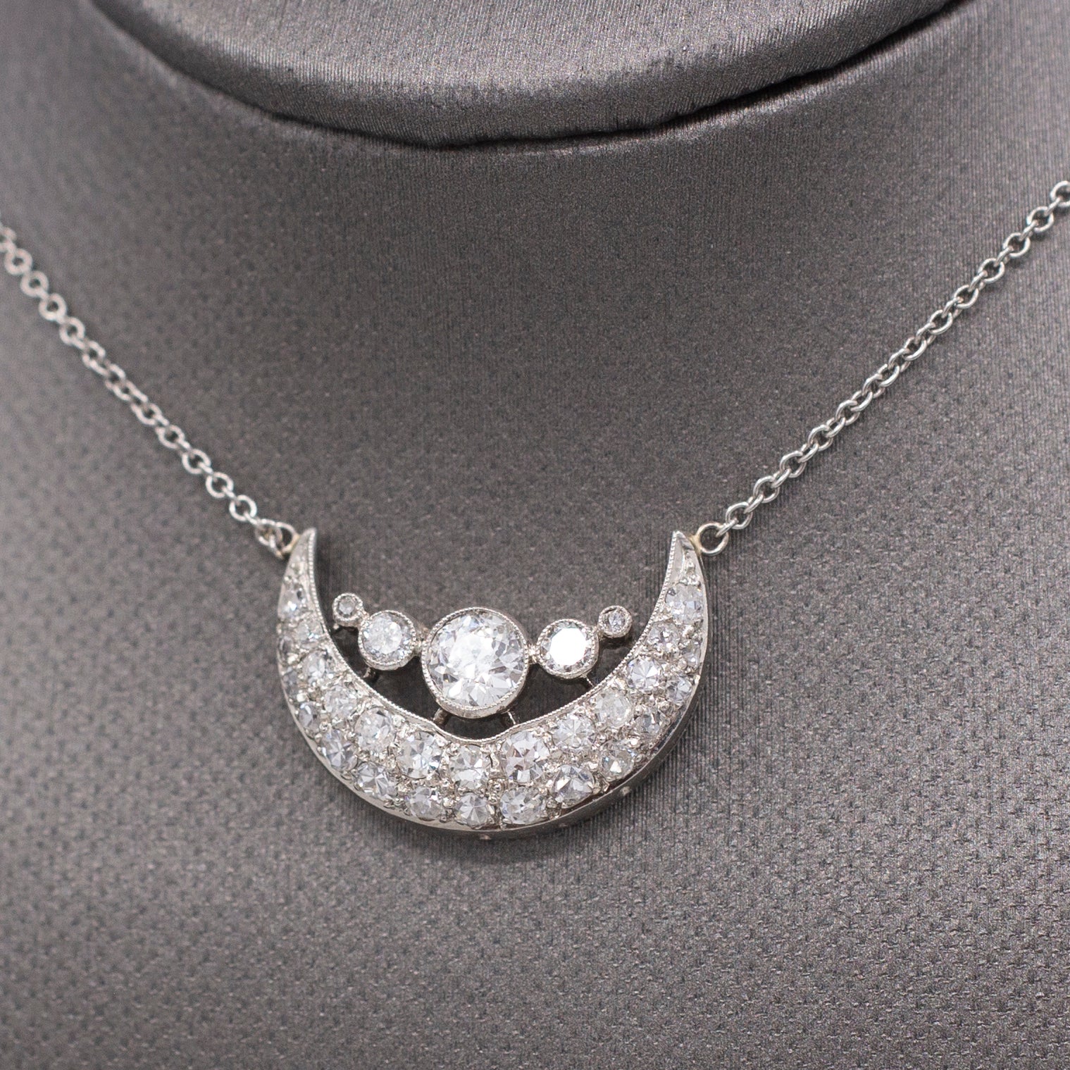 Stunning Art Deco Old European Cut Diamond Crescent Moon Necklace in Platinum