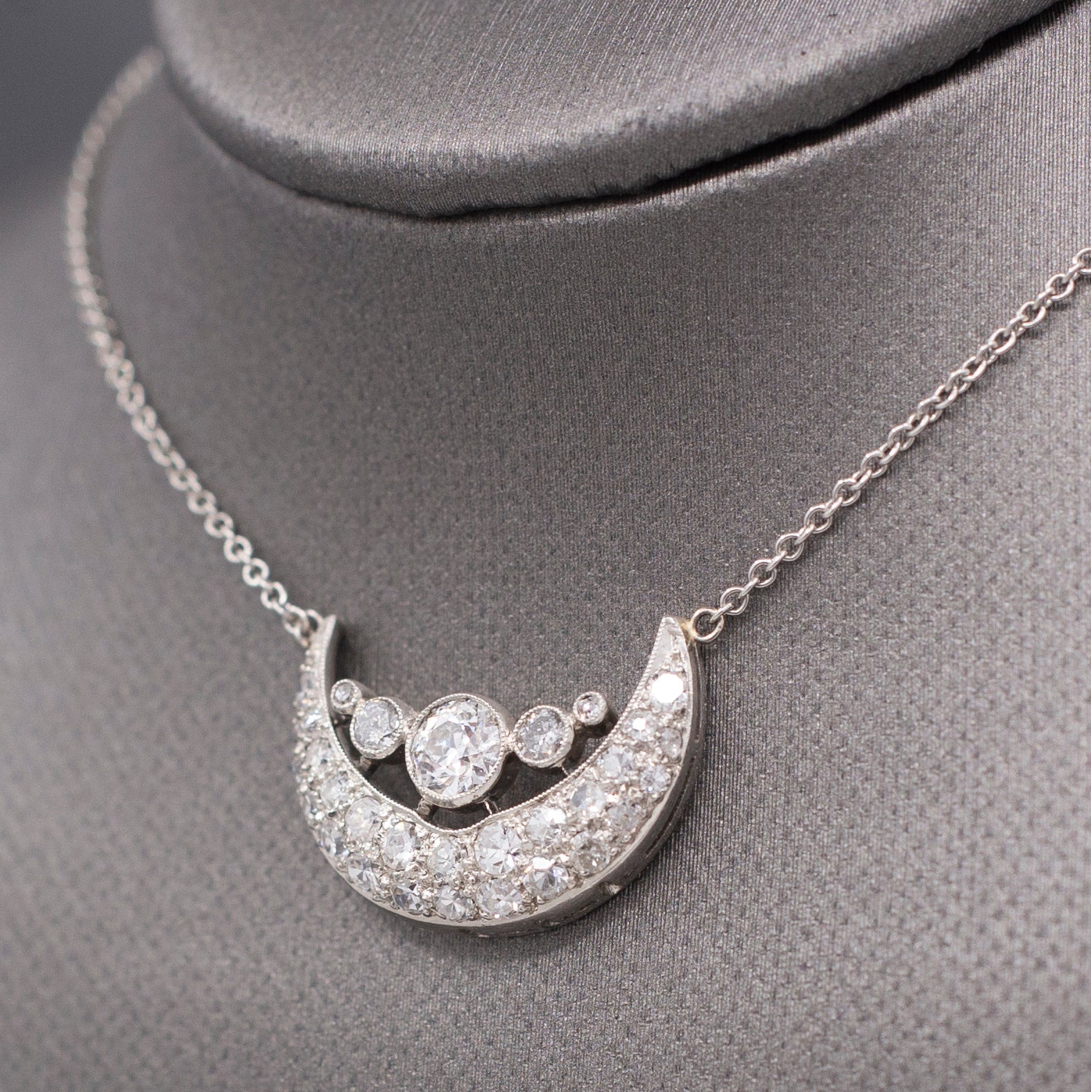 Stunning Art Deco Old European Cut Diamond Crescent Moon Necklace in Platinum