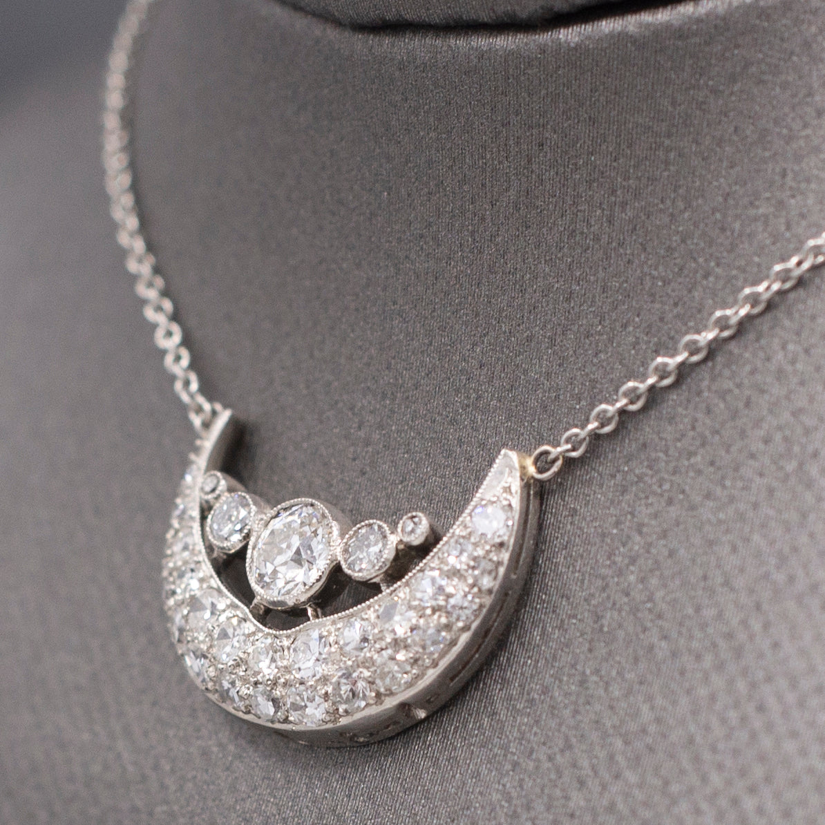 Stunning Art Deco Old European Cut Diamond Crescent Moon Necklace in Platinum