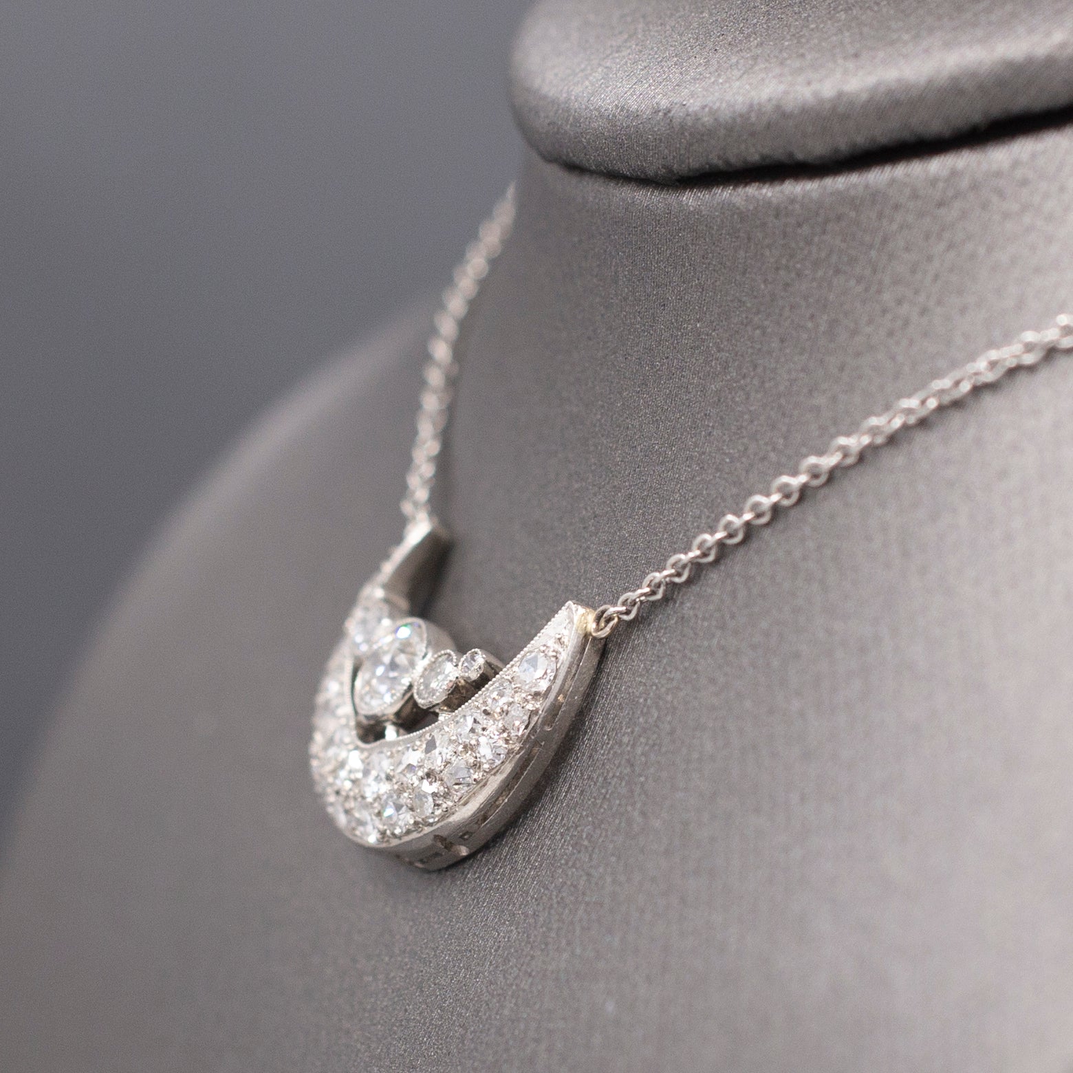 Stunning Art Deco Old European Cut Diamond Crescent Moon Necklace in Platinum