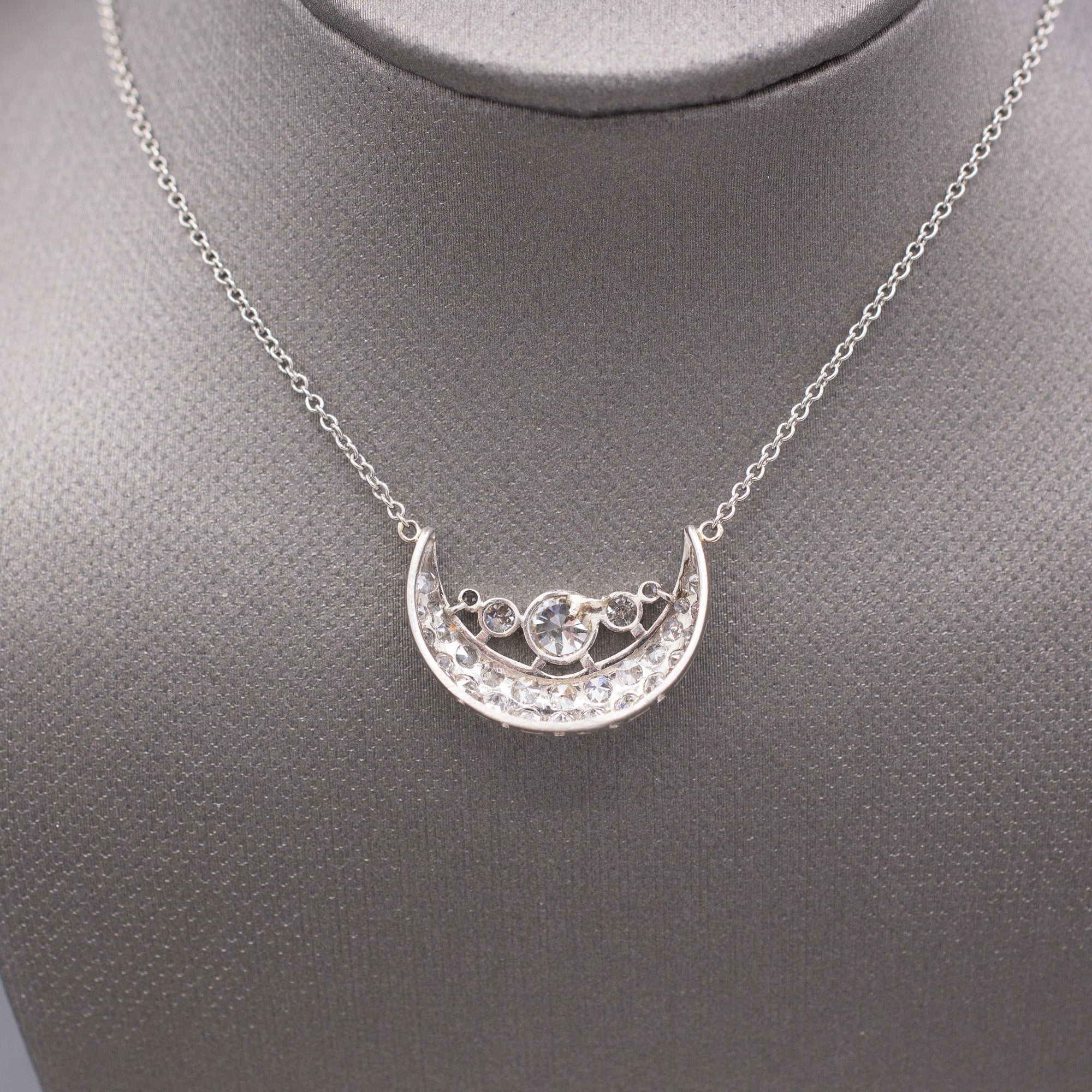 Stunning Art Deco Old European Cut Diamond Crescent Moon Necklace in Platinum