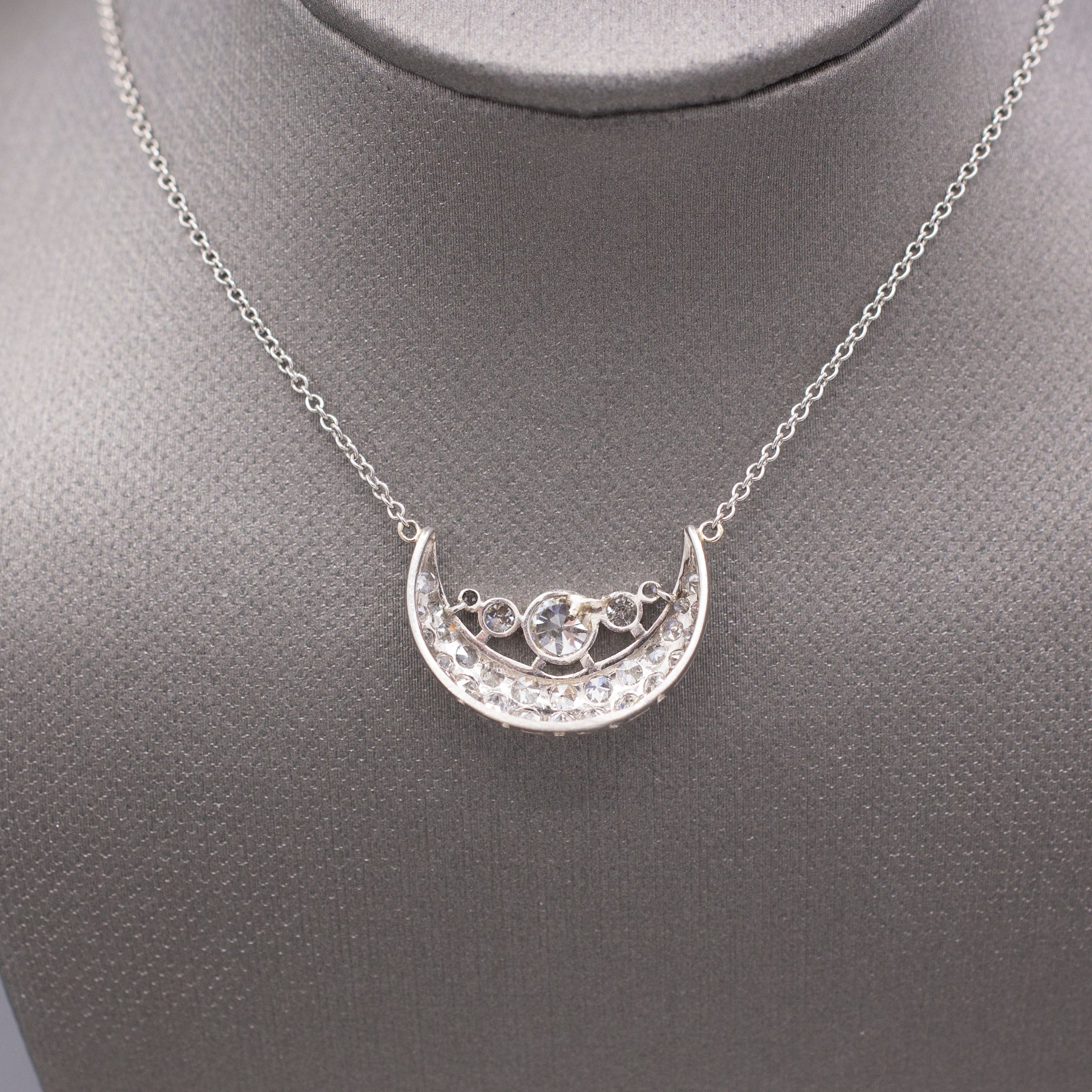 Stunning Art Deco Old European Cut Diamond Crescent Moon Necklace in Platinum
