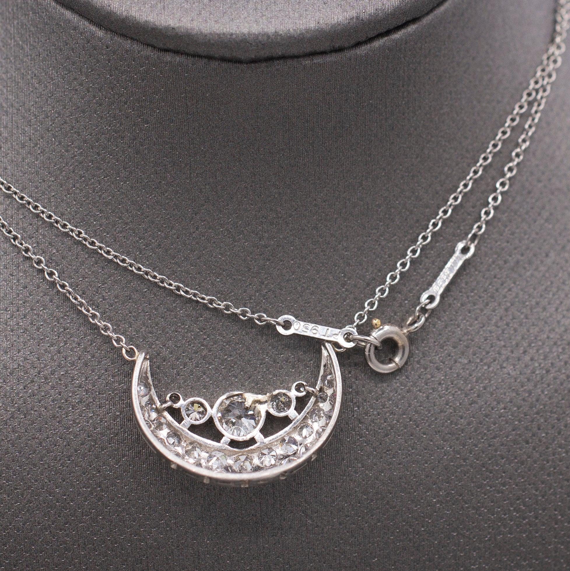 Stunning Art Deco Old European Cut Diamond Crescent Moon Necklace in Platinum