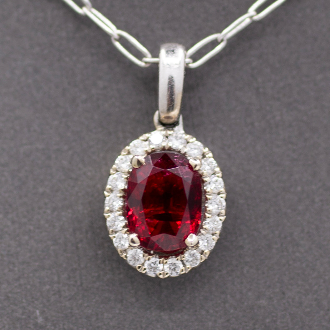 Exquisite Red Spinel and Diamond Pendant Necklace in 14k White Gold