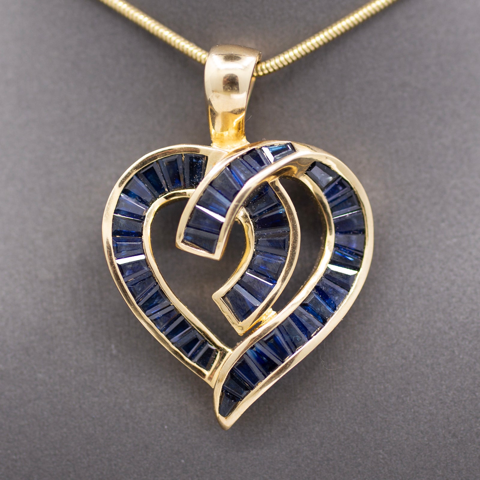 Bold Natural Blue Sapphire Baguette Channel Set Heart Pendant Enhancer 14k Yellow Gold