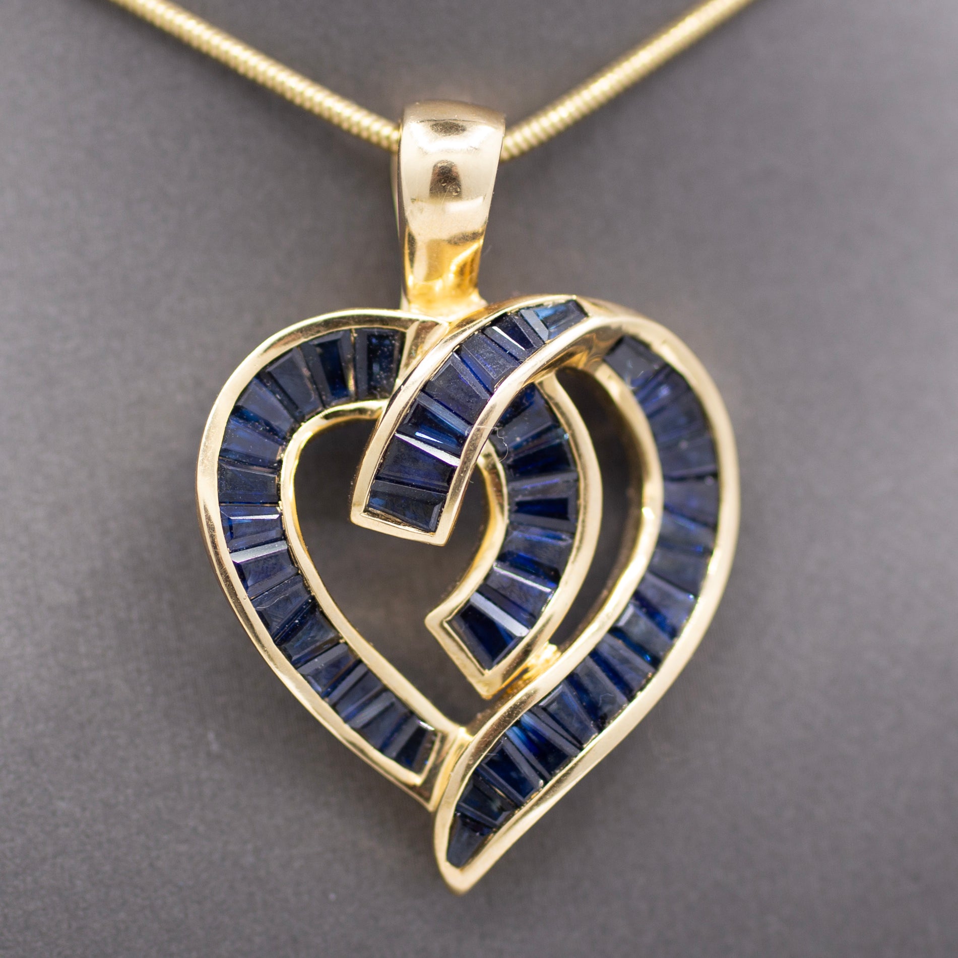 Bold Natural Blue Sapphire Baguette Channel Set Heart Pendant Enhancer 14k Yellow Gold