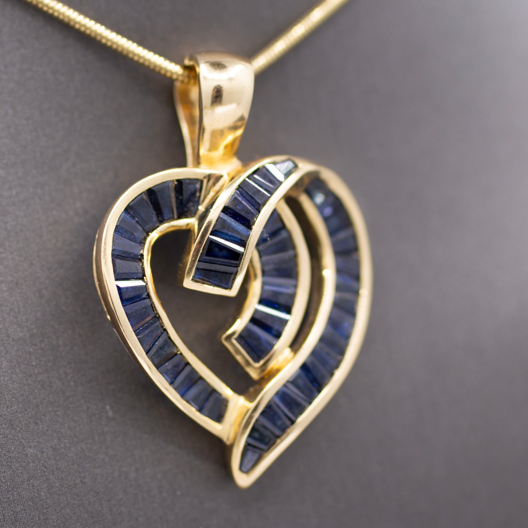 Bold Natural Blue Sapphire Baguette Channel Set Heart Pendant Enhancer 14k Yellow Gold