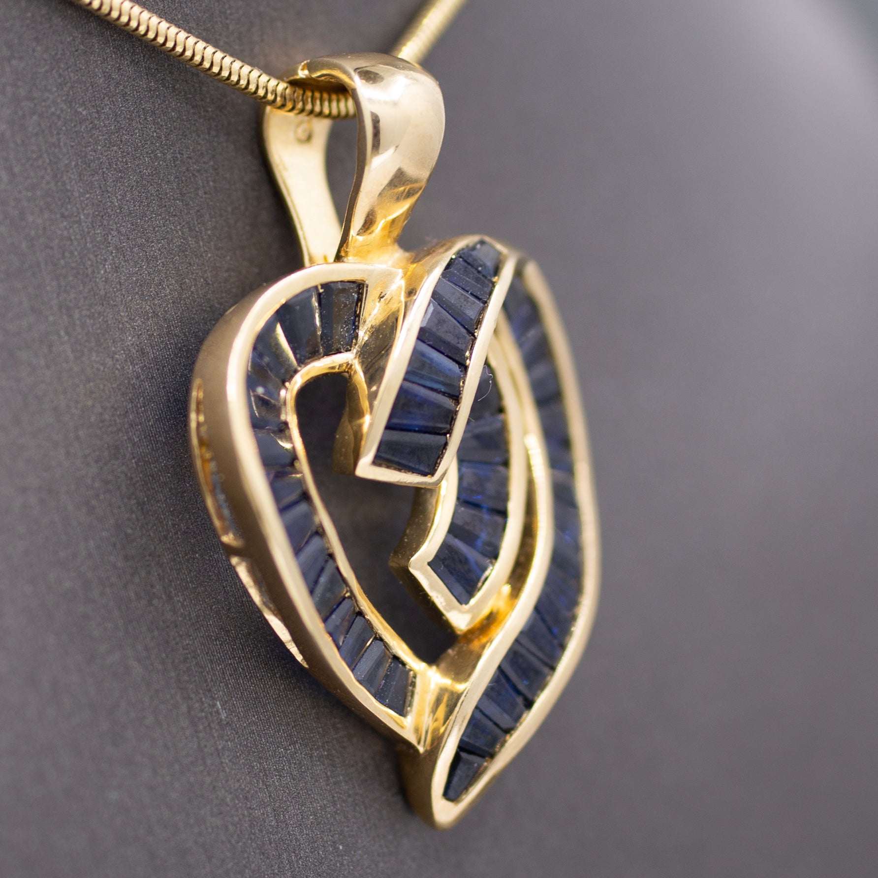 Bold Natural Blue Sapphire Baguette Channel Set Heart Pendant Enhancer 14k Yellow Gold