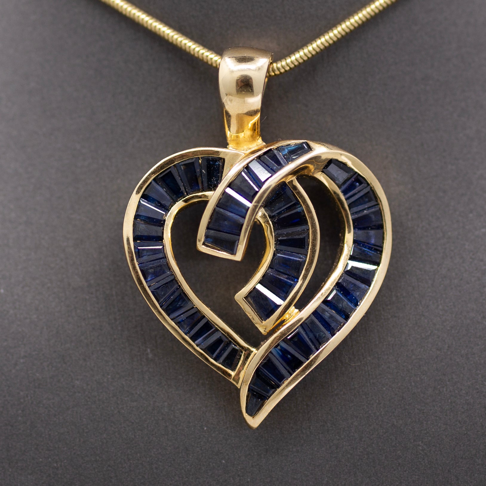 Bold Natural Blue Sapphire Baguette Channel Set Heart Pendant Enhancer 14k Yellow Gold