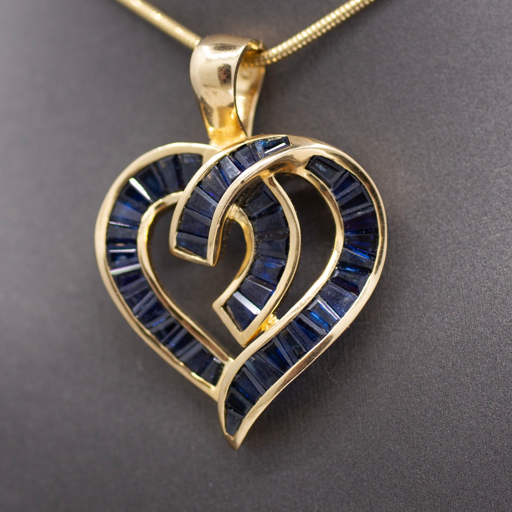 Bold Natural Blue Sapphire Baguette Channel Set Heart Pendant Enhancer 14k Yellow Gold