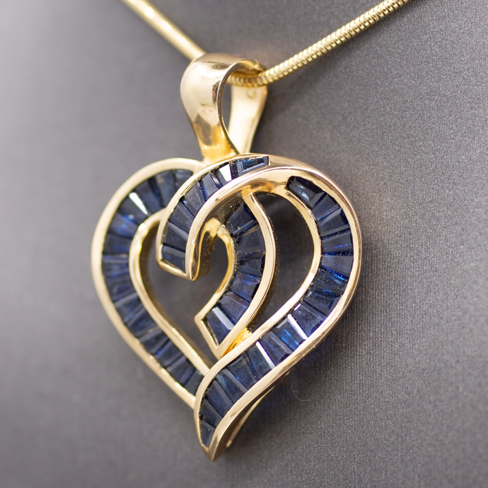 Bold Natural Blue Sapphire Baguette Channel Set Heart Pendant Enhancer 14k Yellow Gold