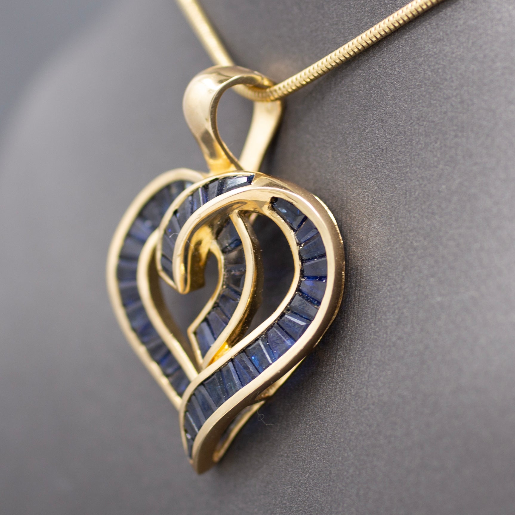 Bold Natural Blue Sapphire Baguette Channel Set Heart Pendant Enhancer 14k Yellow Gold