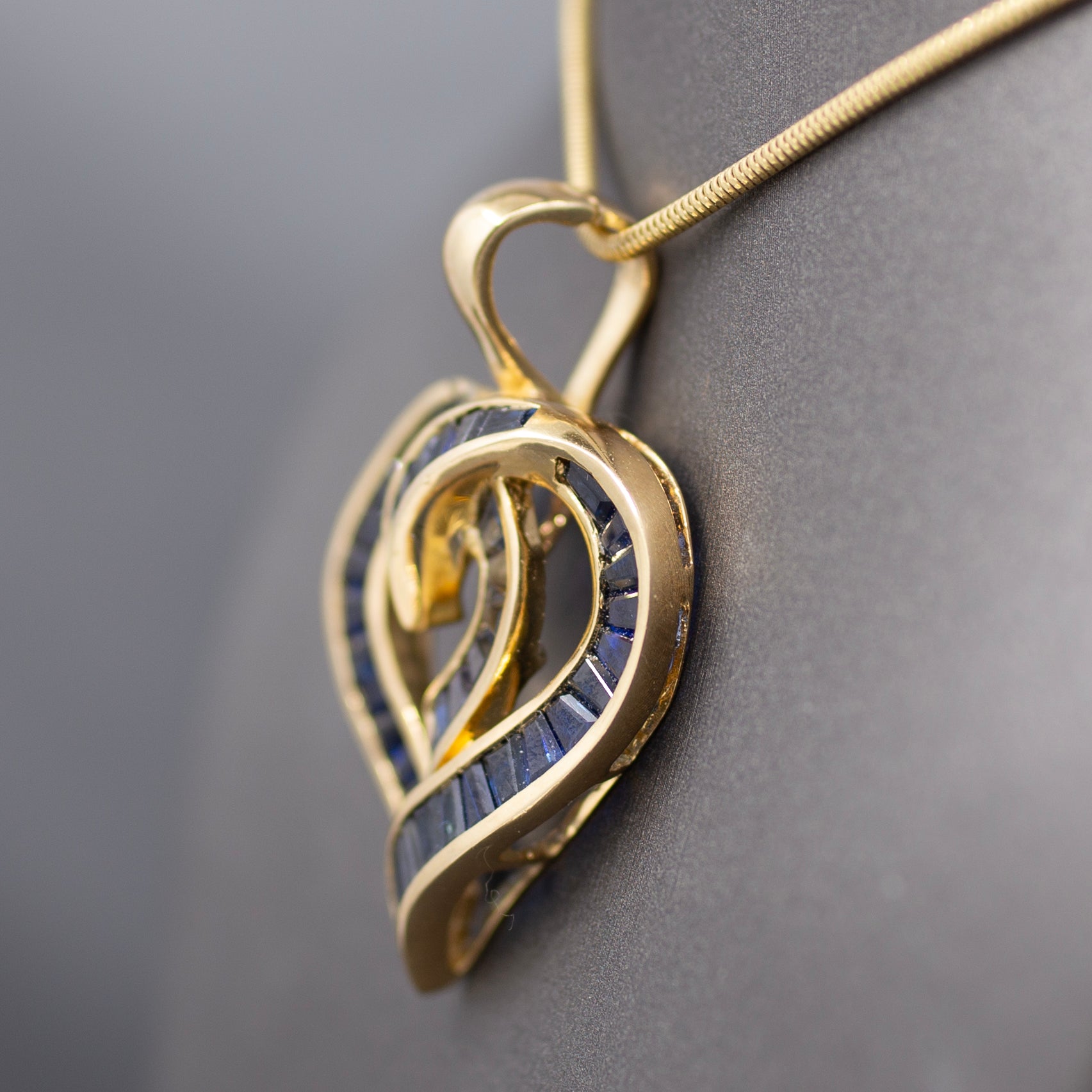 Bold Natural Blue Sapphire Baguette Channel Set Heart Pendant Enhancer 14k Yellow Gold