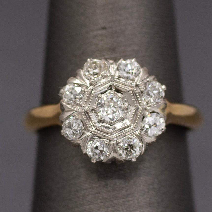 Darling Old European Cut Diamond Cluster Daisy Ring in 14k Yellow Gold