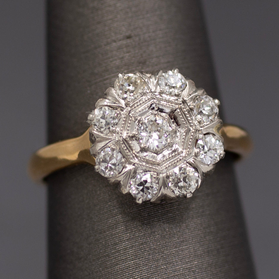 Darling Old European Cut Diamond Cluster Daisy Ring in 14k Yellow Gold