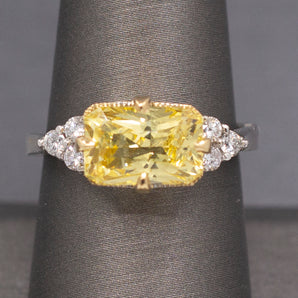 Exquisite Natural Untreated Yellow Sapphire and Diamond East West Ring in 18k Gold GIA Certified