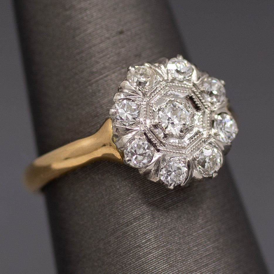 Darling Old European Cut Diamond Cluster Daisy Ring in 14k Yellow Gold