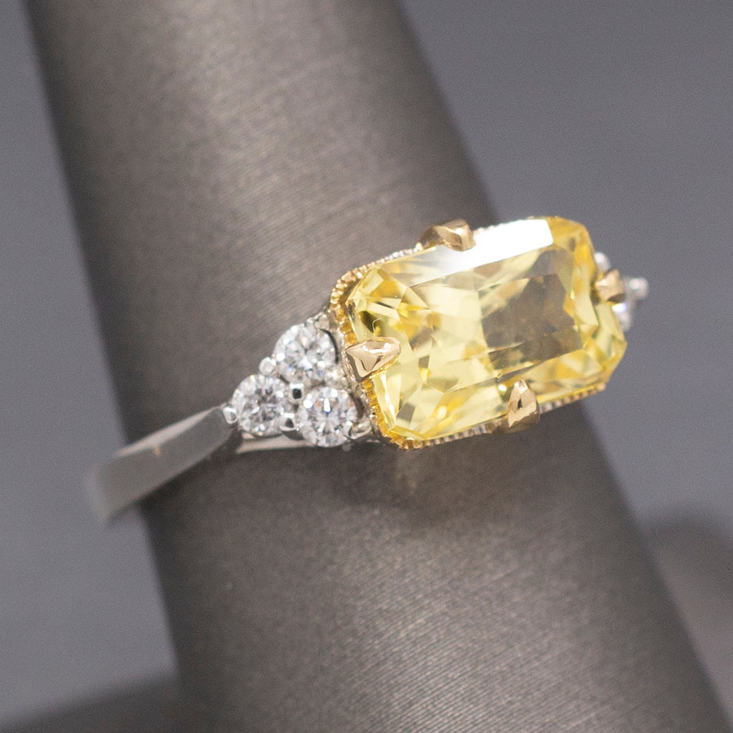 Exquisite Natural Untreated Yellow Sapphire and Diamond East West Ring in 18k Gold GIA Certified