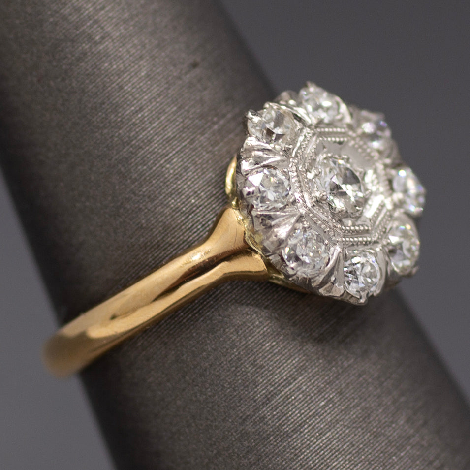 Darling Old European Cut Diamond Cluster Daisy Ring in 14k Yellow Gold
