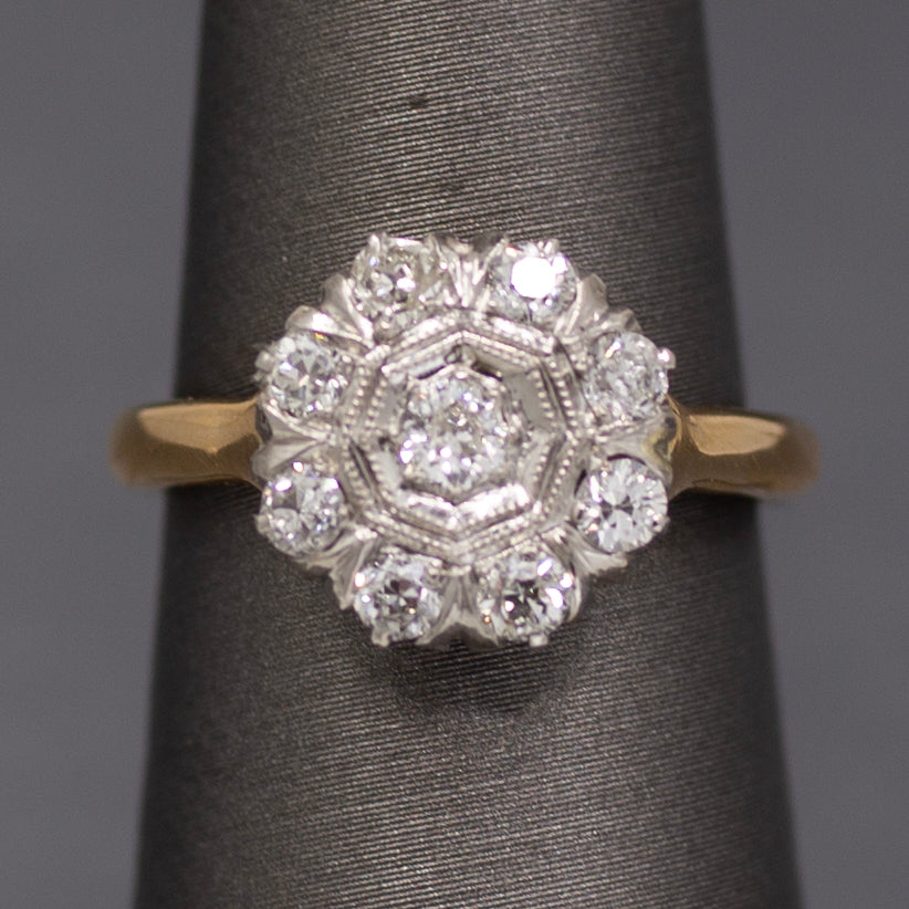 Darling Old European Cut Diamond Cluster Daisy Ring in 14k Yellow Gold