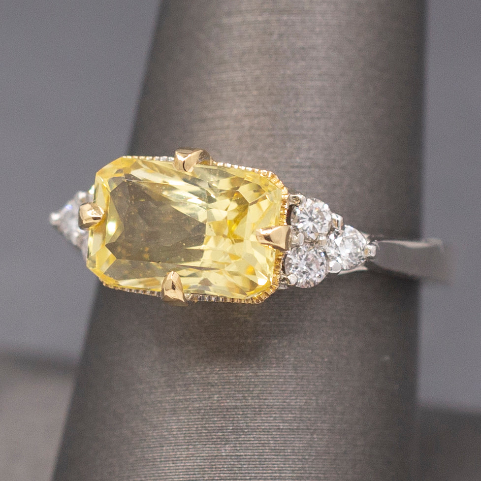 Exquisite Natural Untreated Yellow Sapphire and Diamond East West Ring in 18k Gold GIA Certified