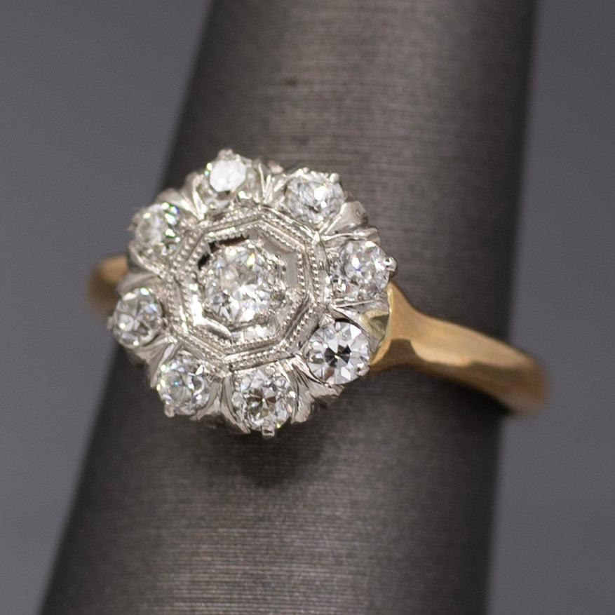 Darling Old European Cut Diamond Cluster Daisy Ring in 14k Yellow Gold