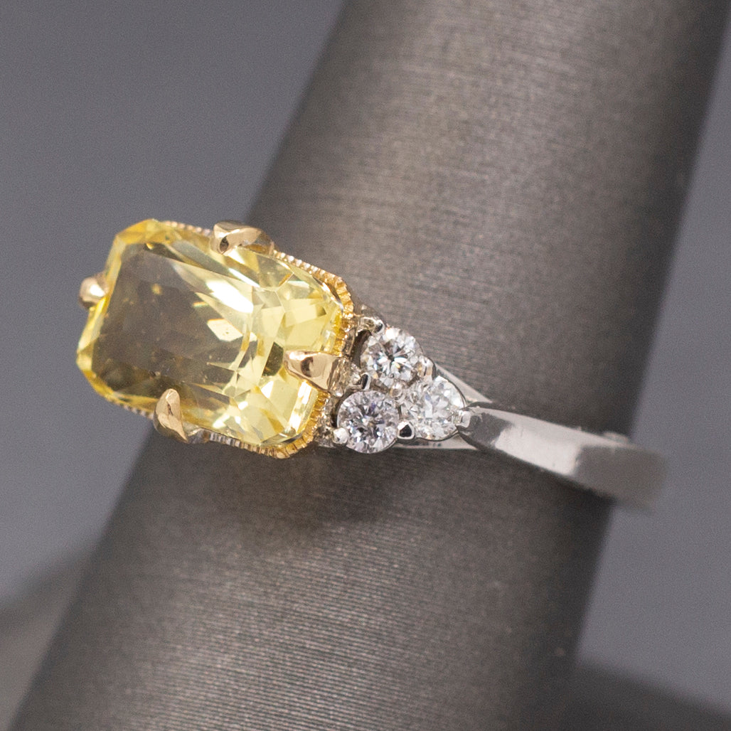 Exquisite Natural Untreated Yellow Sapphire and Diamond East West Ring in 18k Gold GIA Certified