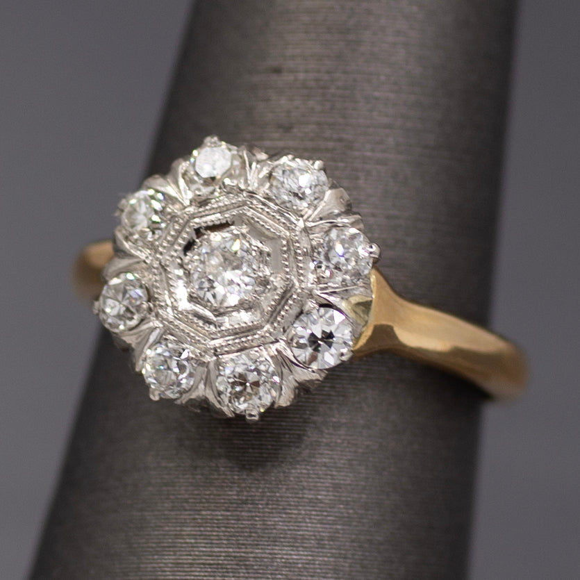Darling Old European Cut Diamond Cluster Daisy Ring in 14k Yellow Gold