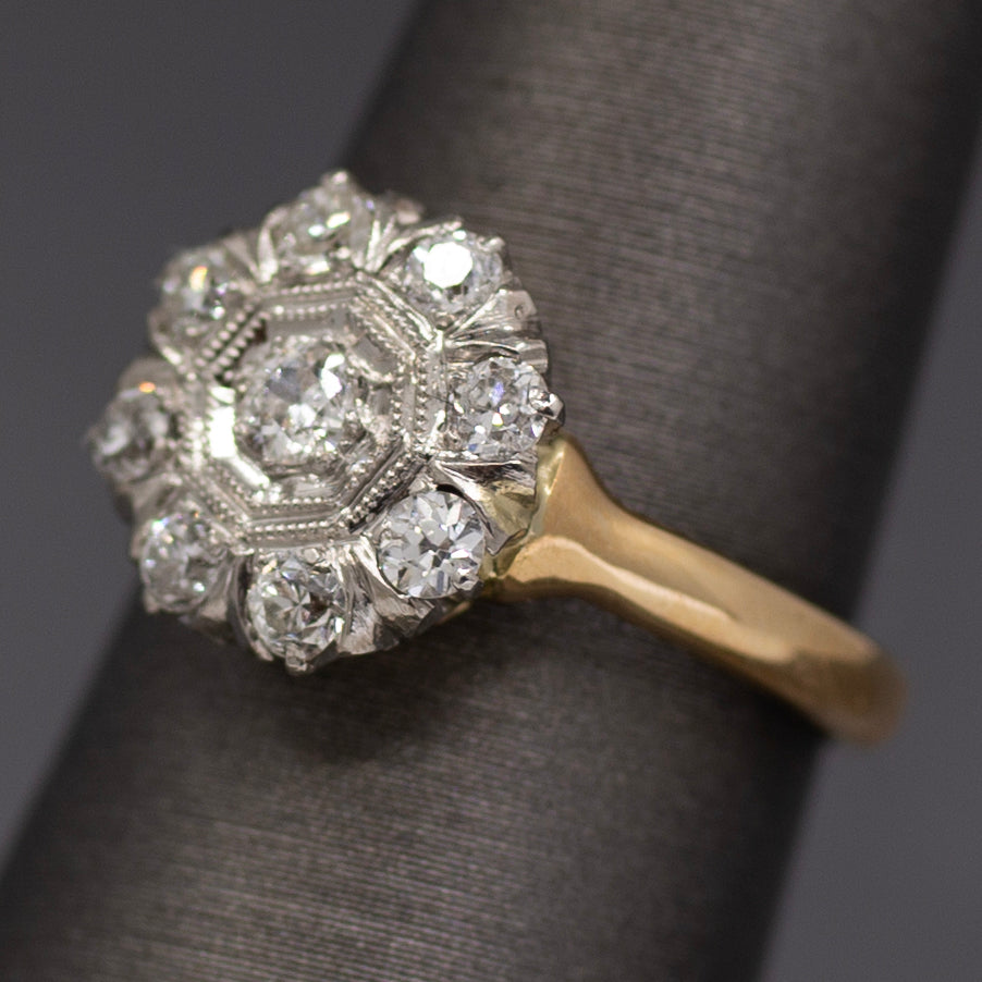 Darling Old European Cut Diamond Cluster Daisy Ring in 14k Yellow Gold
